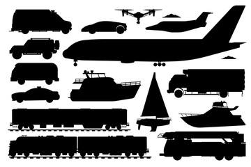Public transport set. Passenger vehicle silhouettes. Isolated public train, ambulance, police car automobile, bus, airplane, yacht transport flat icon collection. Road, air, maritime transportation