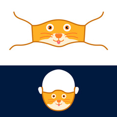 Funny animal design of reusable mask design with cute cartoon tiger face in vector