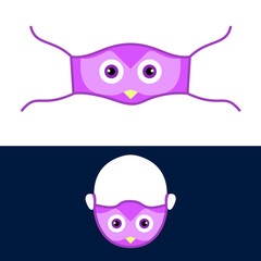 Funny animal design of reusable mask design with cute cartoon owl face in vector