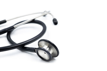 Black stethoscope of doctor for a checkup on white background. Stethoscope equipment of medical.