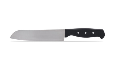 Kitchen knife, stainless steel with plastic black handle isolated on white background with clipping...