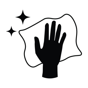 Hand Arms Wiping Cleaning With Cloth And Sparkling Stars. Black Illustration Isolated On A White Background. EPS Vector 