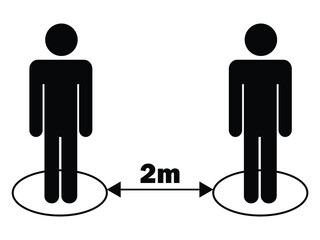 Social Distancing 2m Two Meters Stick Figure. Black Illustration Isolated on a White Background. EPS Vector 