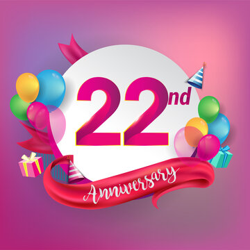22nd Anniversary logo with ribbon, balloon, and gift box isolated on circle object and colorful background