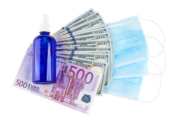 Antiseptic spray, blue medical face masks, stack of 100 USD banknotes and 500 Euro isolated on white background