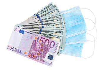 Blue medical face masks, stack of 100 USD banknotes and 500 Euro isolated on white background