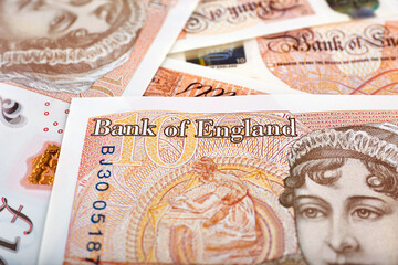 Close up photo on Bank of England 10 pounds banknote