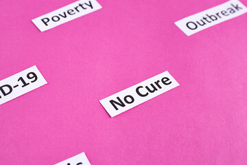 Coronavirus, pandemic headline clipping words on pink background