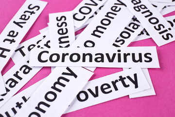 Coronavirus, pandemic headline clipping words on pink background