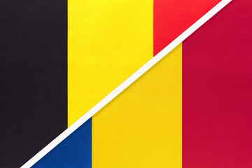 Belgium and Romania, symbol of two national flags from textile. Championship between two European countries.