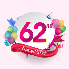 62nd Anniversary logo with ribbon, balloon, and gift box isolated on circle object and colorful background