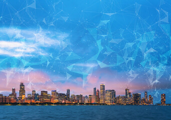 Technology lines with downtown Chicago cityscape skyline with Lake Michigan