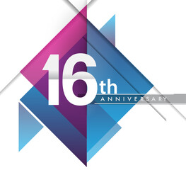 16th years anniversary logo with geometric, vector design birthday celebration isolated on white background.