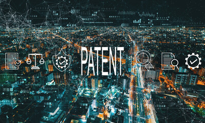 Patent concept with aerial cityscape view of Japan at night