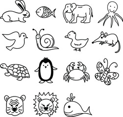 set of funny animals illustration or icon set with doodle style