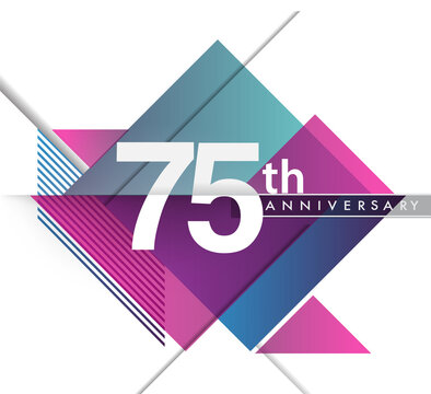 75th years anniversary logo with geometric, vector design birthday celebration isolated on white background.