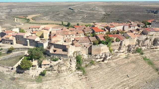aerial view (backward dolly movement) over Rello village, province of Soria, Castilla y Leon, Spain