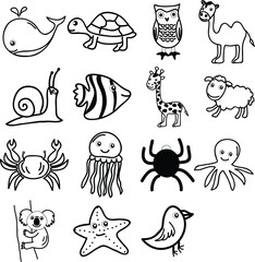 collection of sea animals illustration or icon set with doodle style