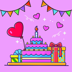 Vector illustration of birthday delicious cake with gift and baloon