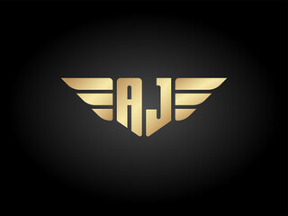 AJ Letter Logo Shield with wings vector gold color on black background