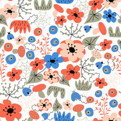 Seamless floral pattern, abstract flowers and leaves on a white background. Hand drawing. Design for textiles, wallpapers, printed products. Vector illustration