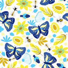 Seamless natural pattern, flowers, leaf, butterfly, insects, white background. Hand drawing. Design for textiles, wallpapers, printed products. Vector illustration