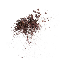 Coffee bean broken splash explosion in the air isolated on white background photo stop motion