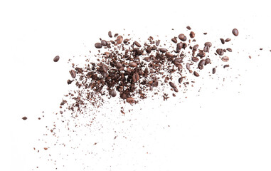 Coffee bean broken splash explosion in the air isolated on white background photo stop motion