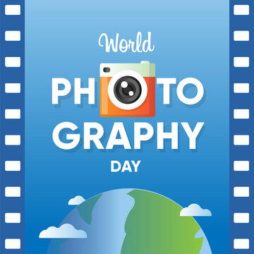 World Photography Day with camera lens world map and film roll.. Planning summer vacations. Holiday, journey. Tourism and vacation theme. Poster. Flat design vector illustration.