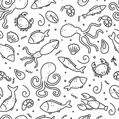 Hand drawn seamless pattern of seafood elements, fish, lobster, oyster, octopus, shrimp. Doodle sketch style. Sea food element drawn by dogital pen. Vector illustration for icon, menu, recipe design.