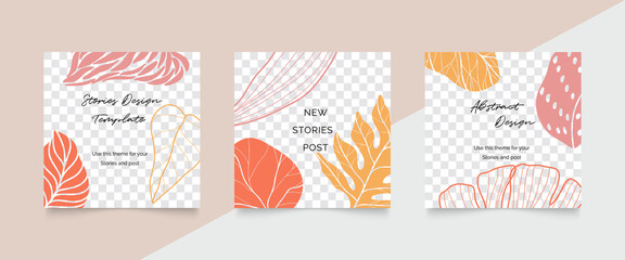 Social media stories and post vector set. Abstract shapes cover background template with floral and copy space for text and images. Vector illustration.