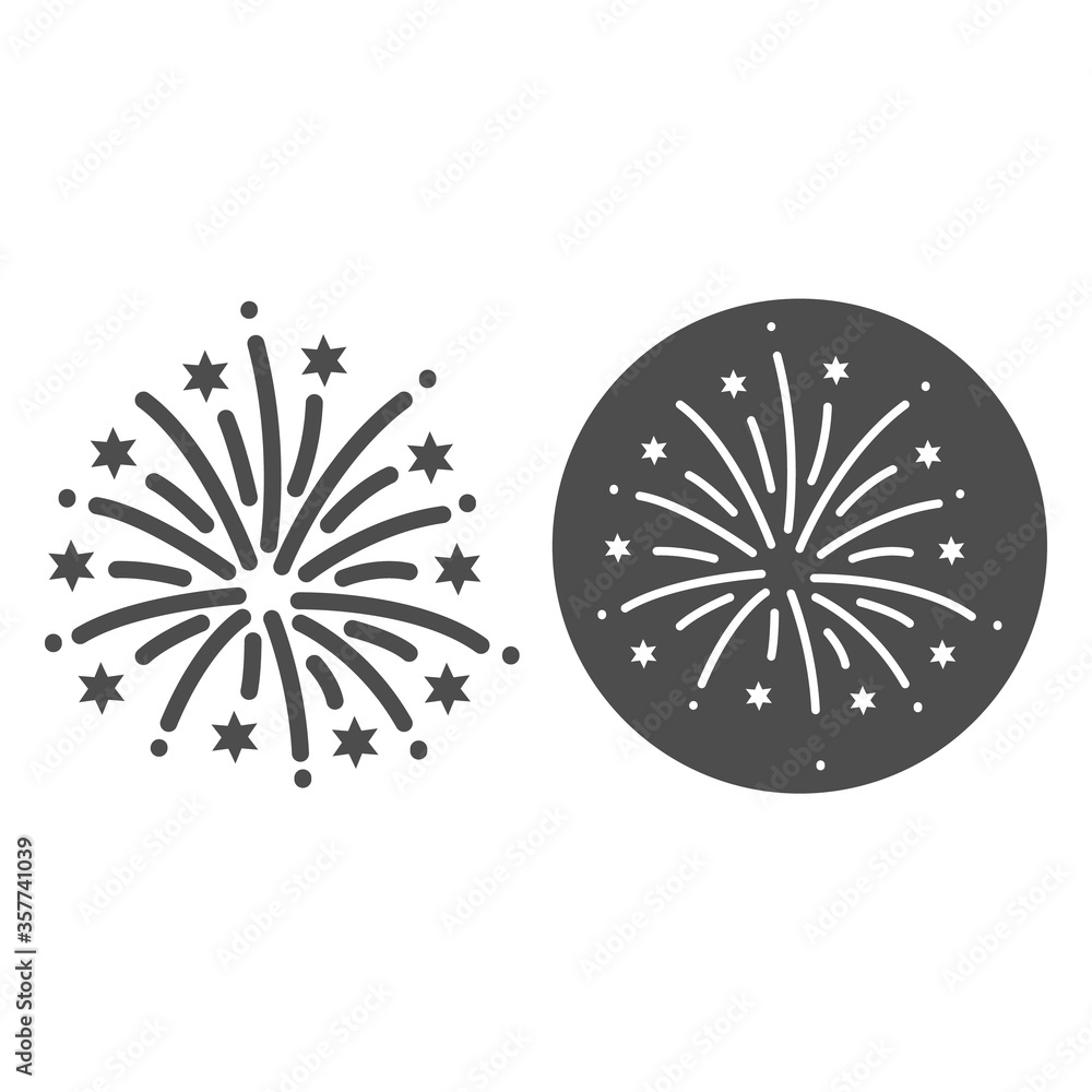 Poster firework line and solid icon, explosive pyrotechnic show concept, fireworks with bursting stars sign