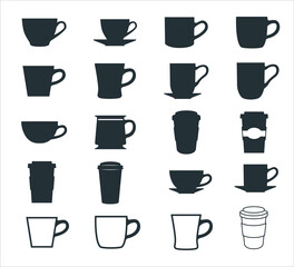 simple flat coffee cup, mug, and paper cup vector icon logo symbol design set for coffee shop store