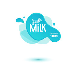 Milk badge and dairy labels with splashes and bolts. Milk badge with drop and splash for labels of package. Liquid amoeba shapes.