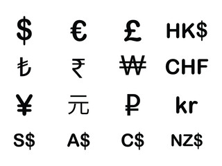 Various Currency FX Money Signs and Symbols. USD EUR GBP HKD TRY INR KRW CHF JPY CNY RUB SEK NOK SGD AUD CAD NZD. Black Illustration Isolated on a White Background. EPS Vector 
