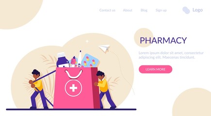 People bought a complete package of medicines, medicines. Medical preparations concept. Modern flat illustration.