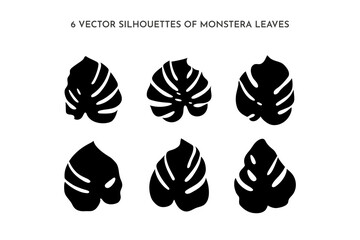 Set of black silhouettes of Monstera leaf. Vector Palm leaf For printing on t-shirt, Web Design, beauty Salons, Posters