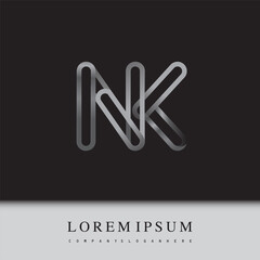 initial logo letter NK, linked outline silver colored, rounded logotype