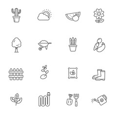 Set of plant and gardening related icons in simple black line design isolated on white background