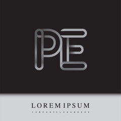 initial logo letter PE, linked outline silver colored, rounded logotype