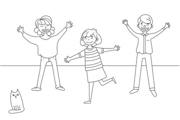 Happy people on the street. Laughter and fun. End of quarantine. Freedom. Joy. Health. Positive emotions. Vector doodle illustration. Black outline on a white background.