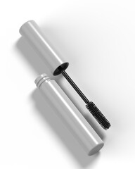 Blank Eyeliner mascara tube with box mockup isolated on white background front view. 3d render illustration.