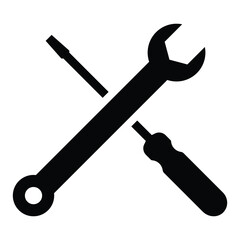 Wrench and Screwdriver Cross. Repair Maintenance Work Tools. Black Illustration Isolated on a White Background. EPS Vector 