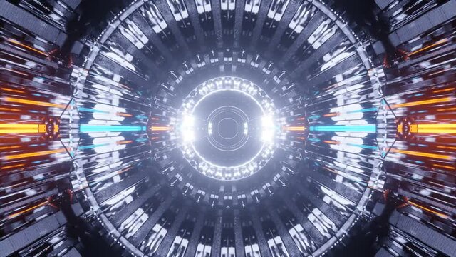 Motion graphics sci fi: futuristic bright blinking particles and white round formations expanding and rotating in outer space with teal and orange lines