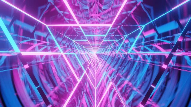 Beautiful Abstract Blue and Pink Triangle Tunnel Coming Closer.