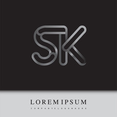 initial logo letter SK, linked outline silver colored, rounded logotype