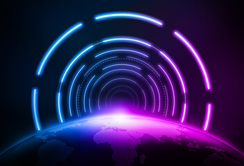 3D rendering of the neon tube channel space built on the surface of the earth.