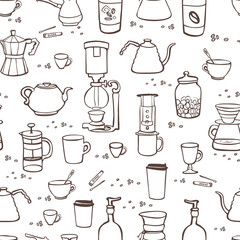 coffee set, alternative coffee making, vector seamless illustration