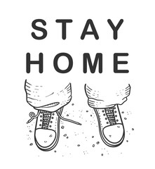 Stay at home vector illustration concept, hand drawn illustration of close up feet wearing sneakers shoes with untied lace on one shoe standing on the ground