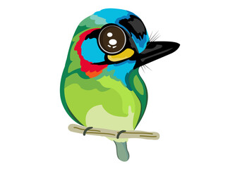 Blue-eared barbet bird cartoon, Green bird cartoon, A cute of colorful bird.